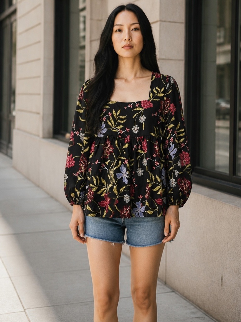Anthropologie
Dolan Black Floral Babydoll Square-Neck Blouse XS